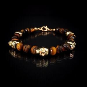 💀 Gold Skull and Genuine Tiger’s Eye Beaded Bracelet